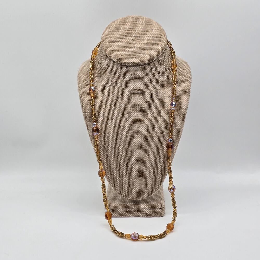 Topaz Colored AB Aurora Borealis Faceted Bead Necklace With Seed Beads 28"